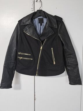 True Religion Black Leather Moto Jacket XS Gold Zippers Biker